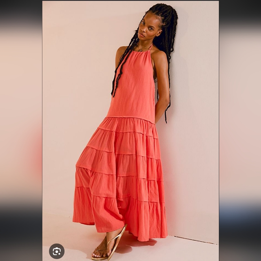 Free People Somewhere Sunny Drop Ruffle Watermelon Waist Halter Maxi Dress S,xs